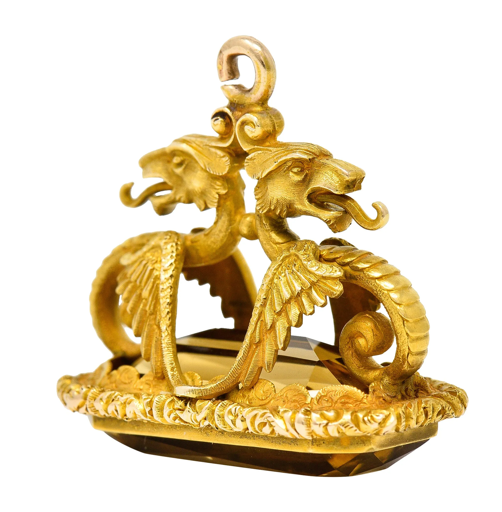 Art Nouveau Citrine 18 Karat Yellow Gold Serpent Dragon Fob Pendant Charm