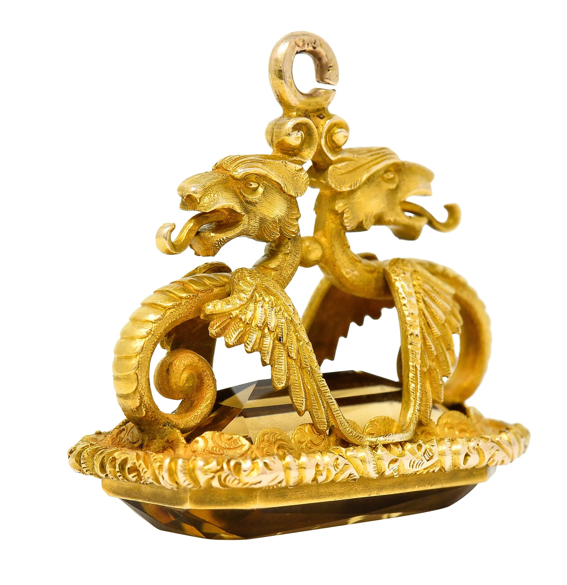 Art Nouveau Citrine 18 Karat Yellow Gold Serpent Dragon Fob Pendant Charm