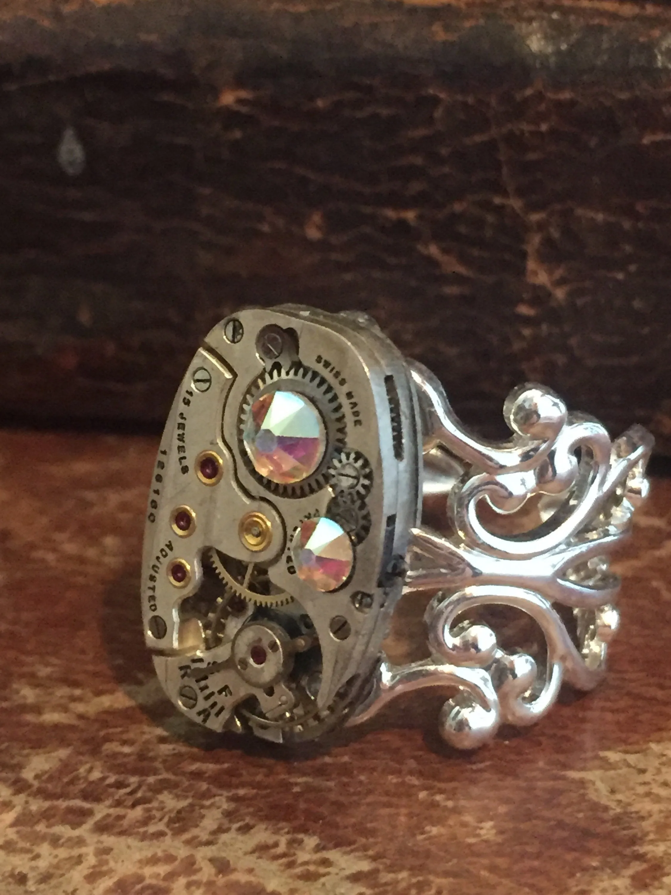 Back in time XI- Steampunk Ring - Repurposed recycled beautiful timepiece watch movement ring Borealis Swarovski crystals