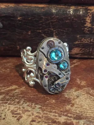 Back in time XI- Steampunk Ring - Repurposed recycled beautiful timepiece watch movement ring Tourquois Swarovski crystals