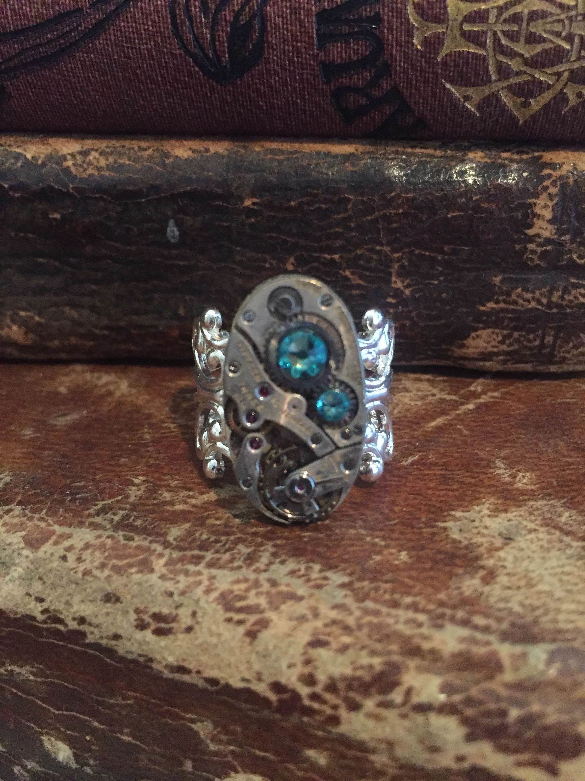 Back in time XI- Steampunk Ring - Repurposed recycled beautiful timepiece watch movement ring Tourquois Swarovski crystals