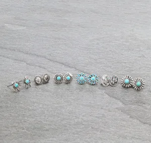 Becca Concho, Thunderbird & Cactus Themed Turquoise Stud Earring Set - 6 pairs