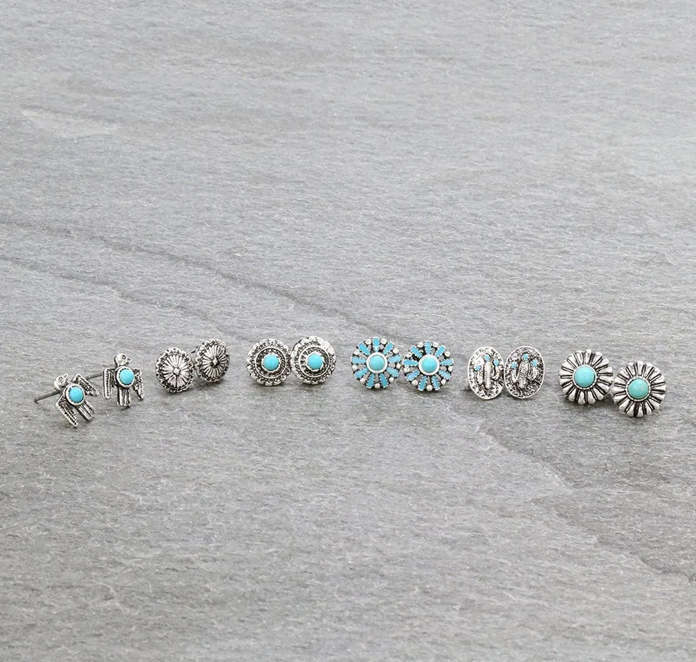 Becca Concho, Thunderbird & Cactus Themed Turquoise Stud Earring Set - 6 pairs