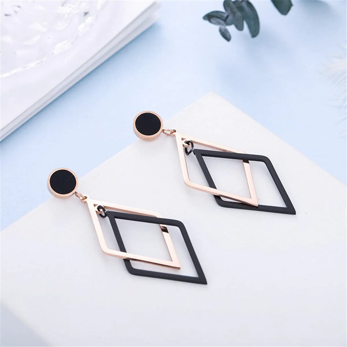 Black Acrylic & 18K Rose Gold-Plated Rhombus Drop Earrings