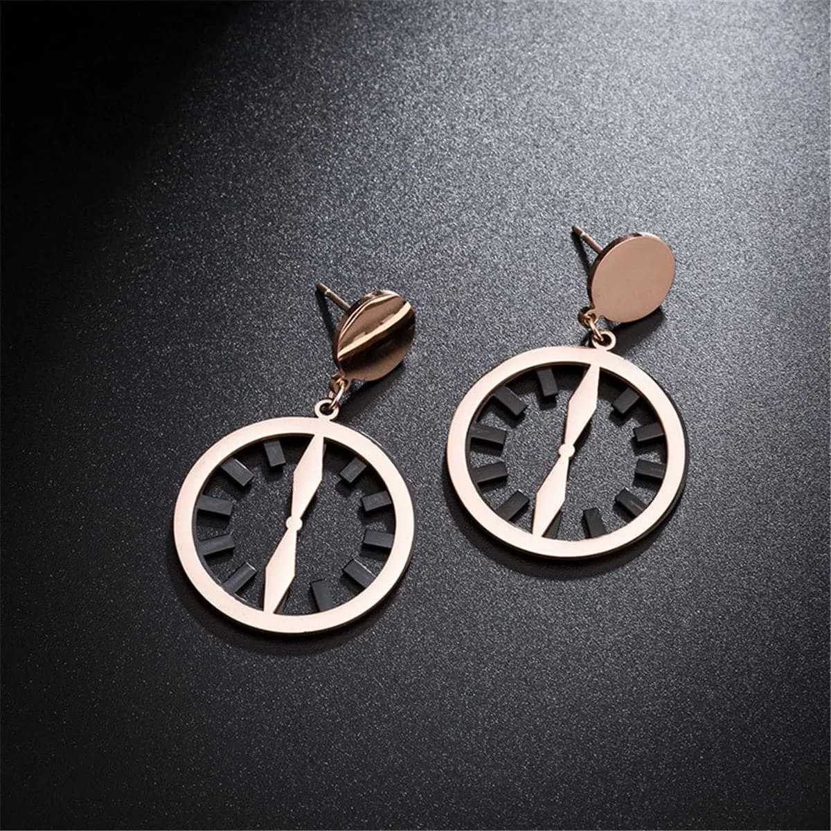 Black & 18K Rose Gold-Plated Clock Drop Earrings