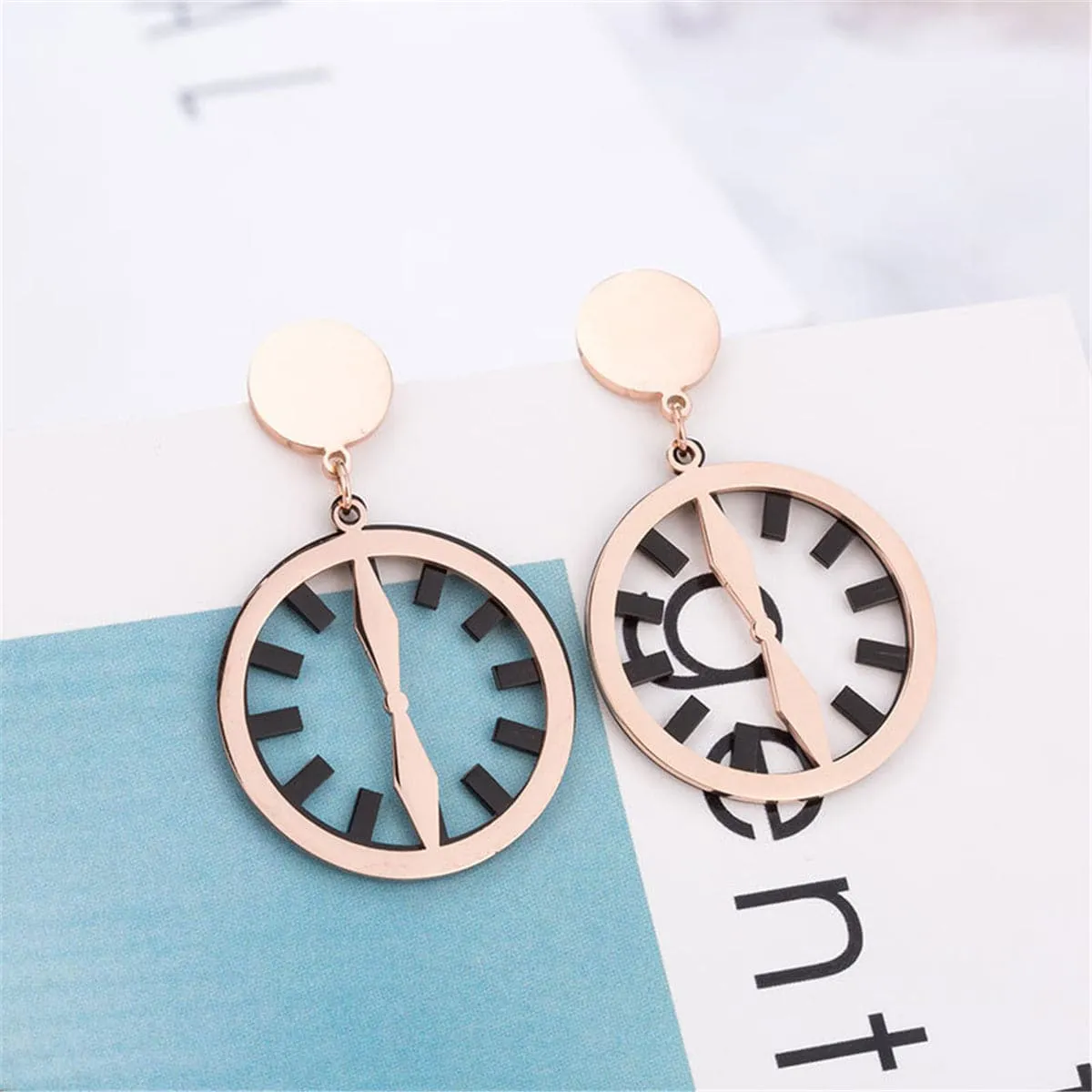 Black & 18K Rose Gold-Plated Clock Drop Earrings