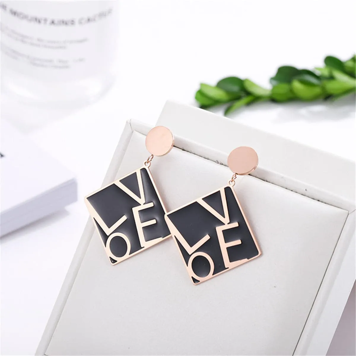 Black & 18K Rose Gold-Plated 'Love' Square Drop Earrings
