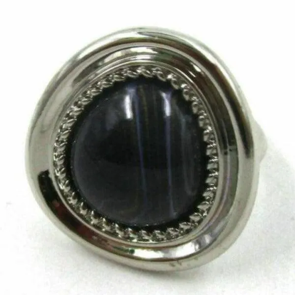Black Faux Stone Silver Tone Ring Size 10
