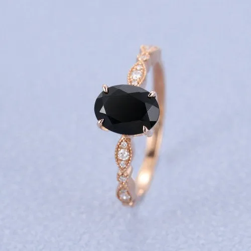 Black Onyx engagement ring vintage Rose gold engagement ring for women art deco Oval cut Moissanite wedding Anniversary gift