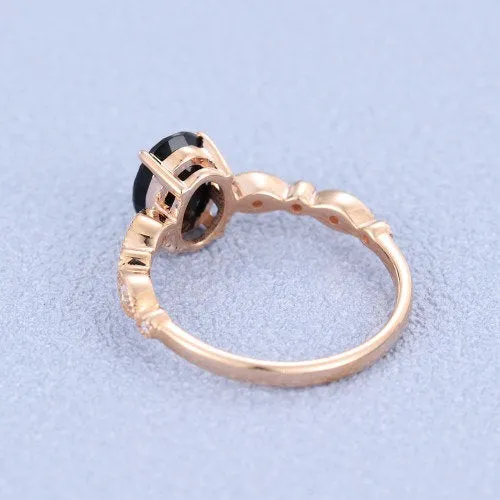 Black Onyx engagement ring vintage Rose gold engagement ring for women art deco Oval cut Moissanite wedding Anniversary gift