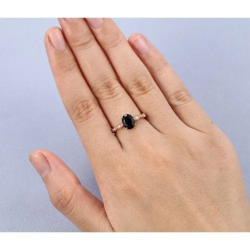 Black Onyx engagement ring vintage Rose gold engagement ring for women art deco Oval cut Moissanite wedding Anniversary gift