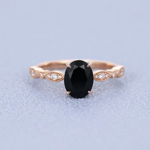 Black Onyx engagement ring vintage Rose gold engagement ring for women art deco Oval cut Moissanite wedding Anniversary gift