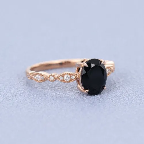 Black Onyx engagement ring vintage Rose gold engagement ring for women art deco Oval cut Moissanite wedding Anniversary gift