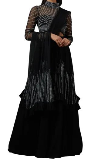 Black Ruffle Lehenga with White Beading
