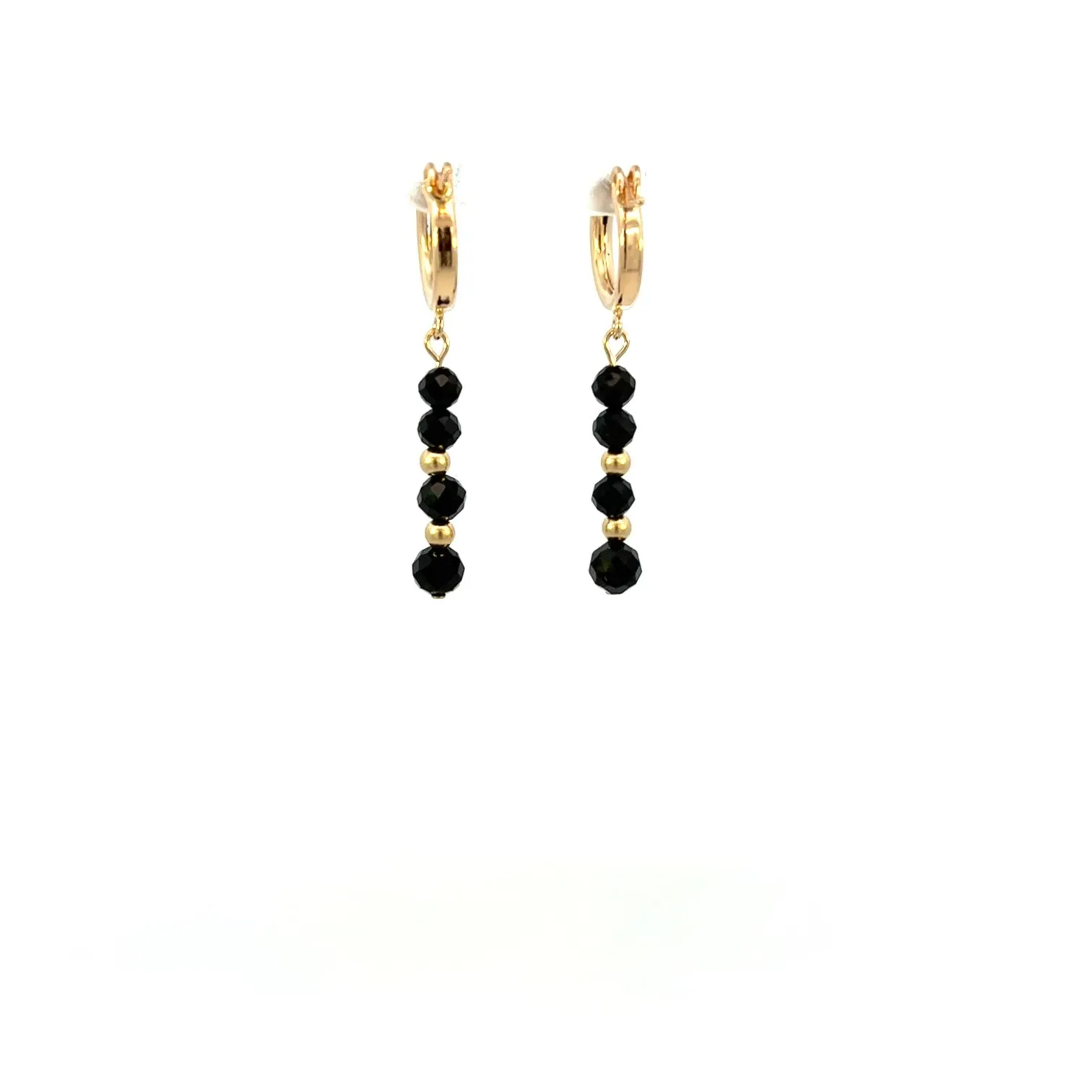 Black Spinel Huggie Hoop Drop Earrings 14K GF Gold AAA Black Spinel