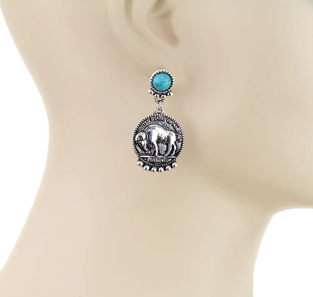 Blaine Stone Post Buffalo Coin Earrings - Turquoise