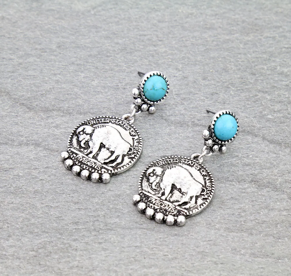 Blaine Stone Post Buffalo Coin Earrings - Turquoise