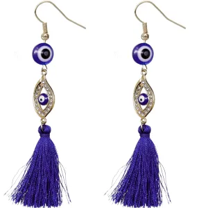 Blue Evil Eye Beaded Tassel Drop Earrings