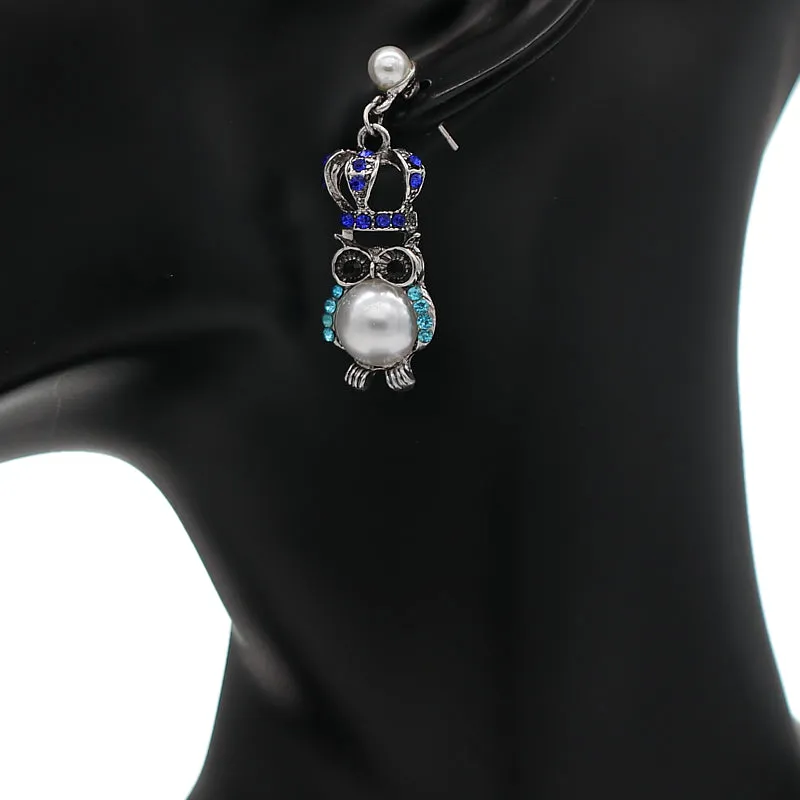 Blue Faux Pearl Owl Crown Dangle Earrings