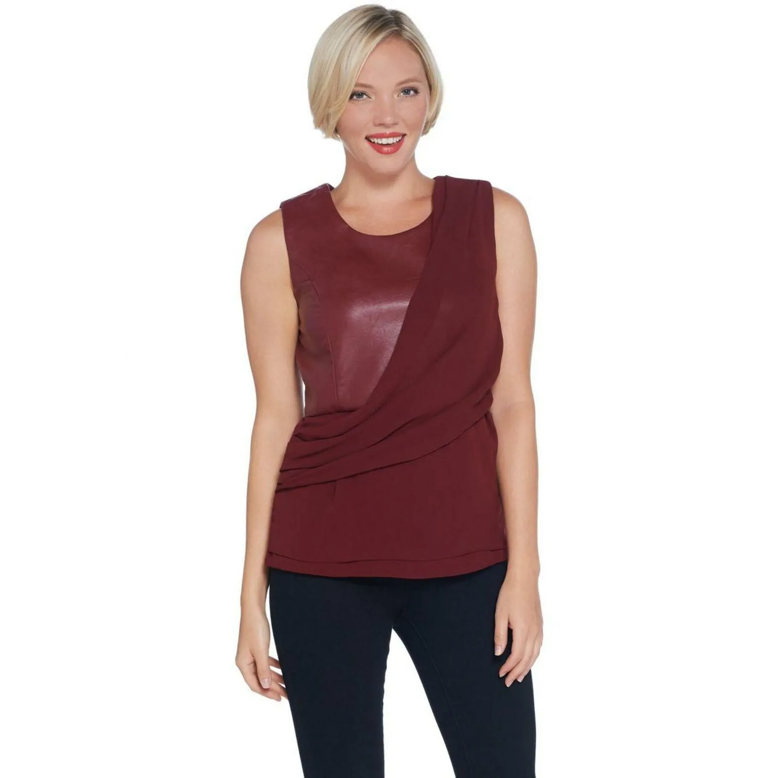 BROOKE SHIELDS Timeless Plus Asymmetrical Faux Leather Drape Front Top