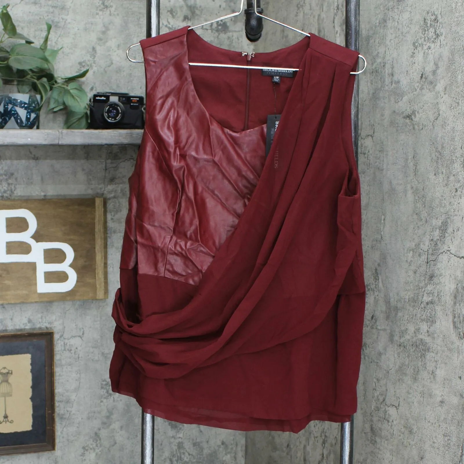 BROOKE SHIELDS Timeless Plus Asymmetrical Faux Leather Drape Front Top