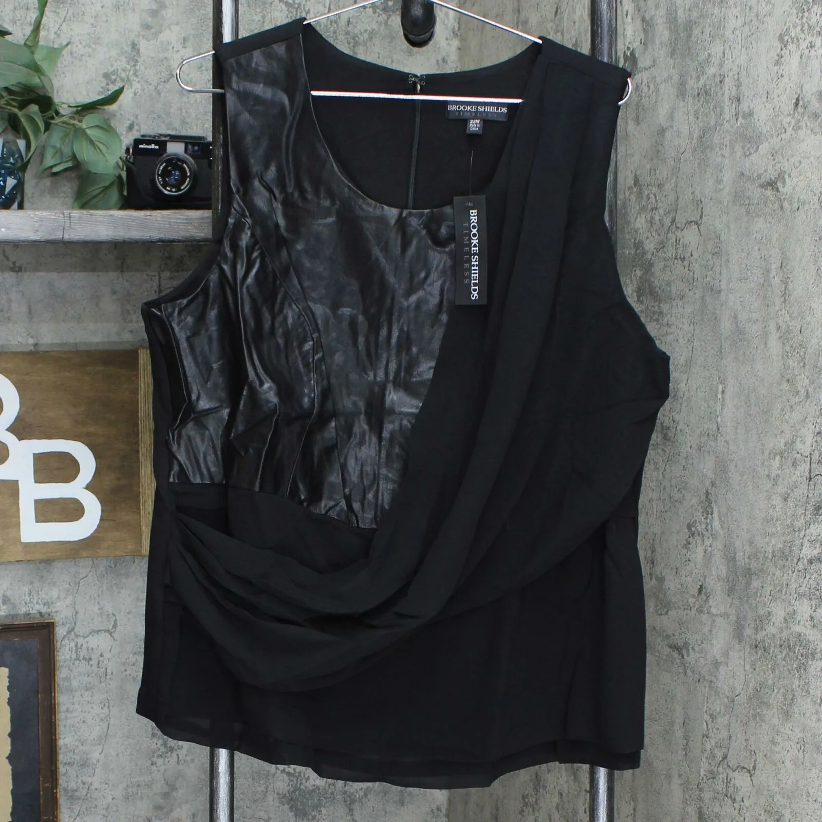 BROOKE SHIELDS Timeless Plus Asymmetrical Faux Leather Drape Front Top