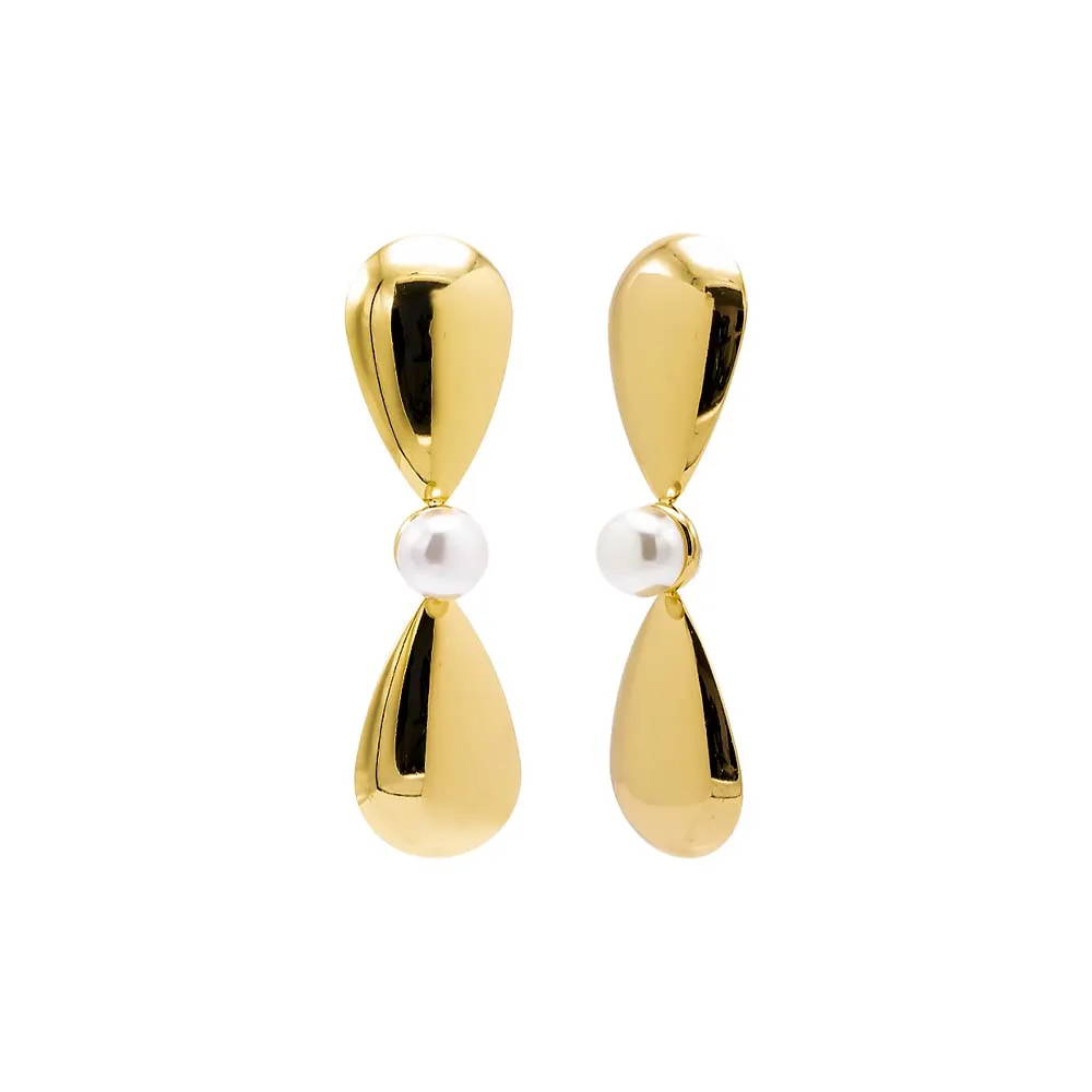 Brushed Double Teardrop X Pearl Drop Stud Earring