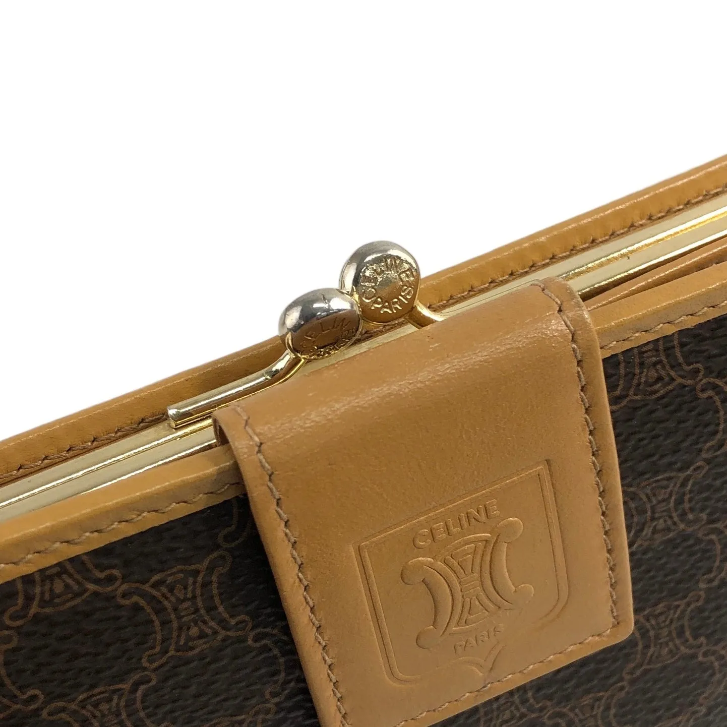 CELINE Macadam Logo Metal Clasp Folded Wallet Brown Vintage hfr6z4