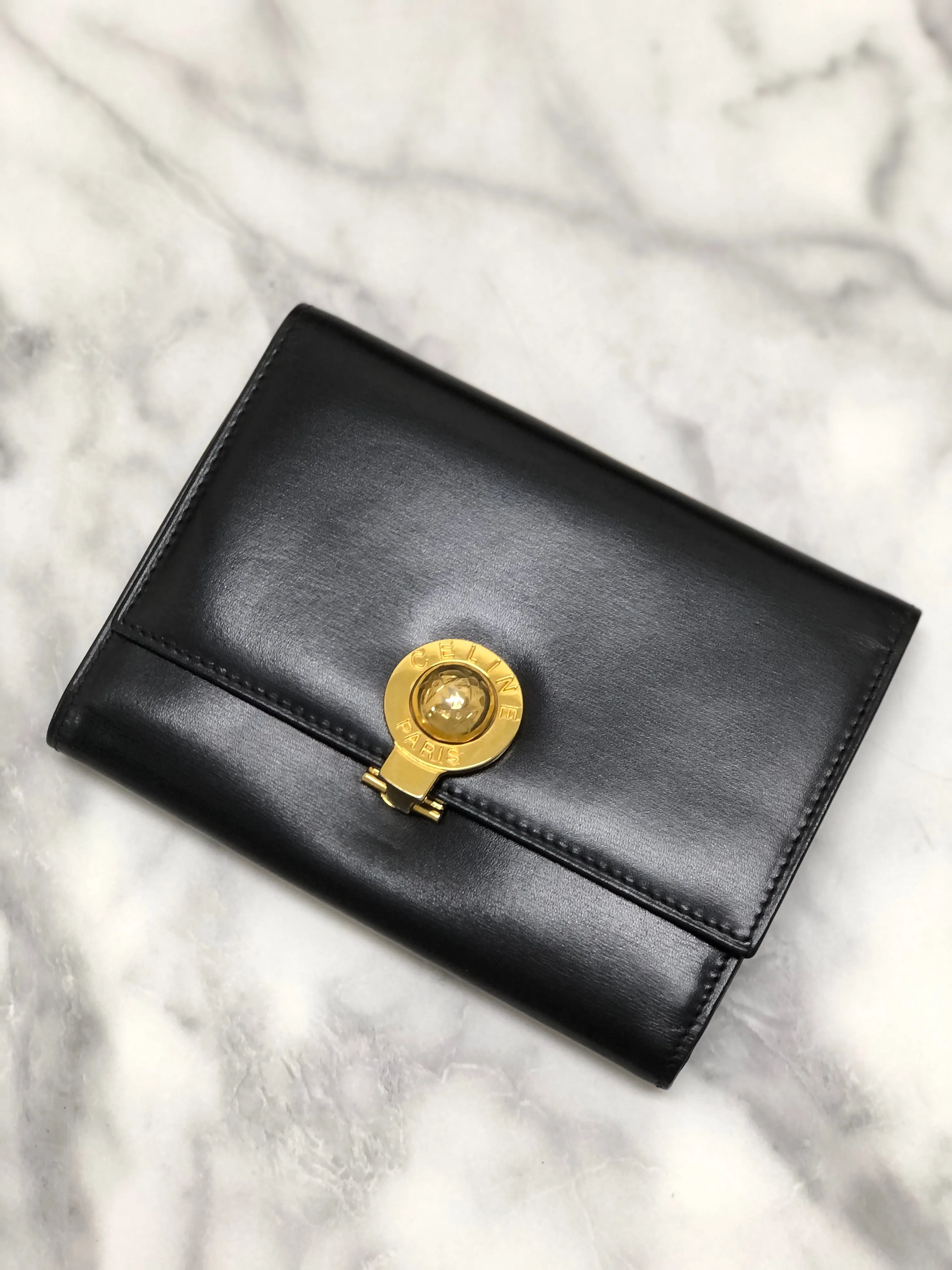 CELINE Starball Leather Trifold Wallet Black Vintage 7j572s