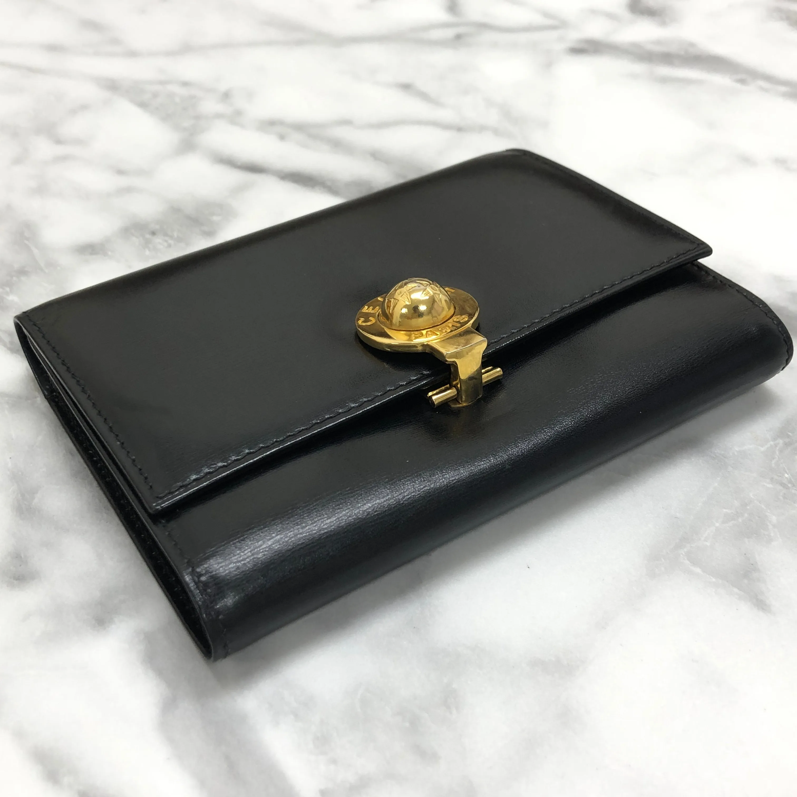 CELINE Starball Leather Trifold Wallet Black Vintage 7j572s