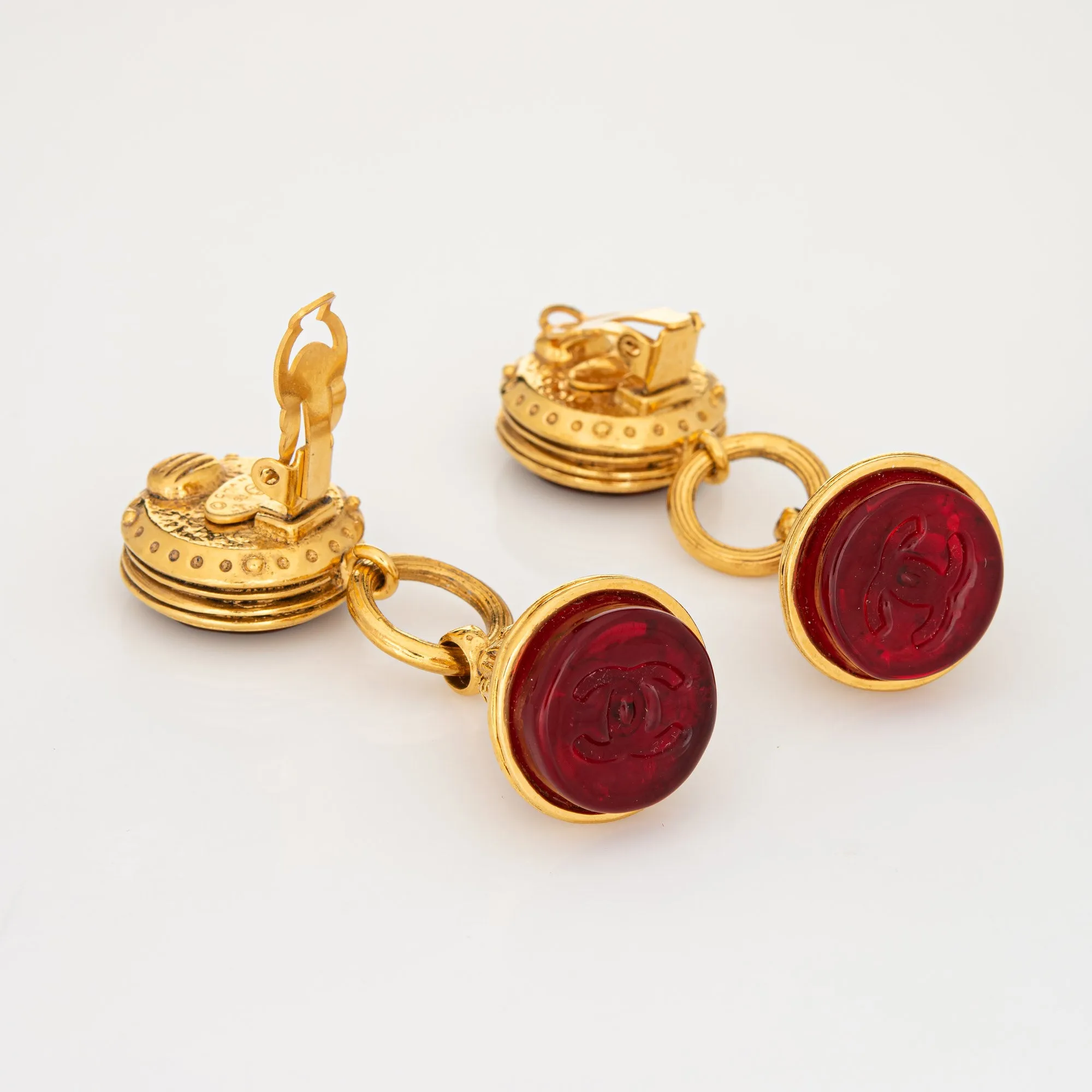Chanel 1993 Vintage Earrings Long 2.5" Drops CC Logo Cherry Glass Autumn