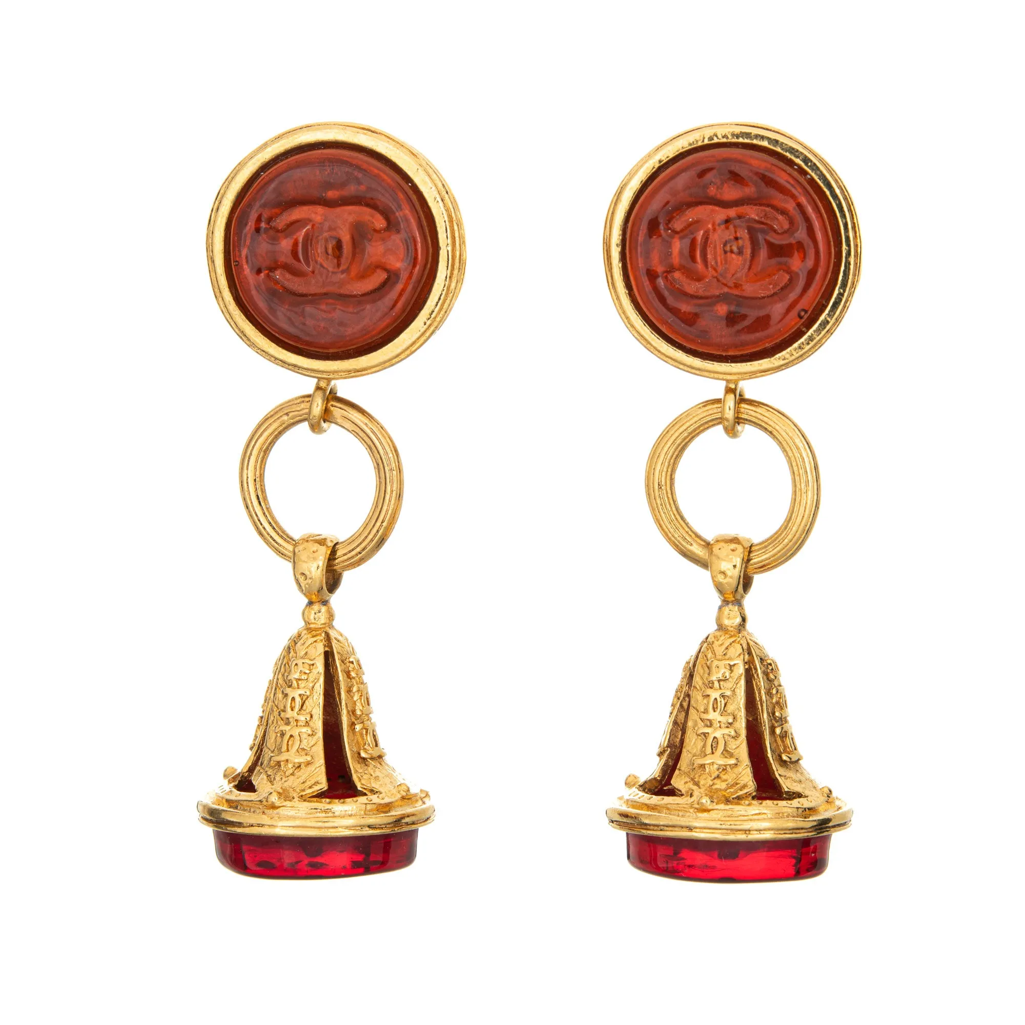 Chanel 1993 Vintage Earrings Long 2.5" Drops CC Logo Cherry Glass Autumn