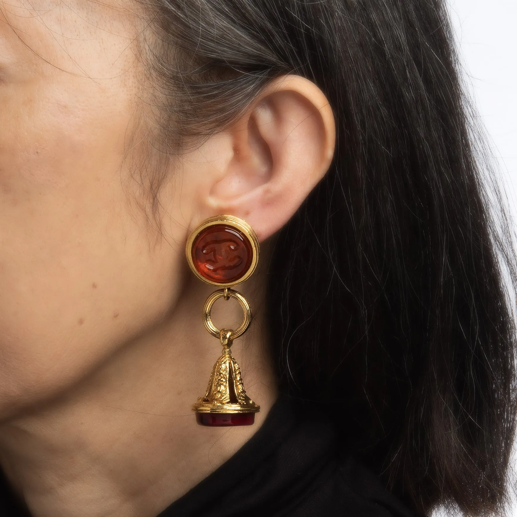 Chanel 1993 Vintage Earrings Long 2.5" Drops CC Logo Cherry Glass Autumn