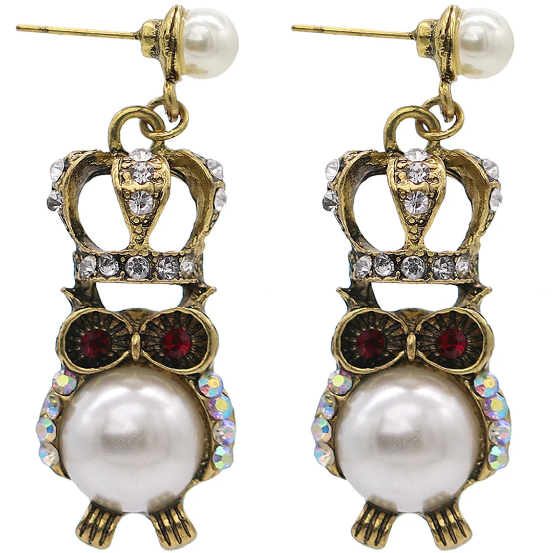 Clear Iridescent Faux Pearl Owl Dangle Earrings