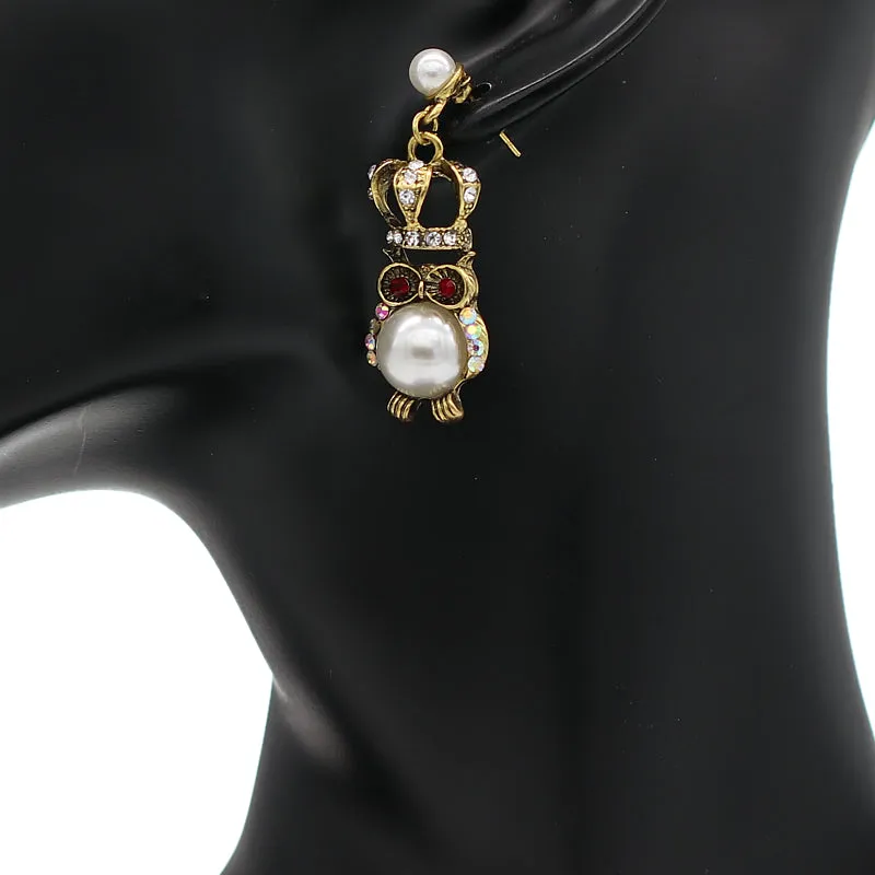 Clear Iridescent Faux Pearl Owl Dangle Earrings