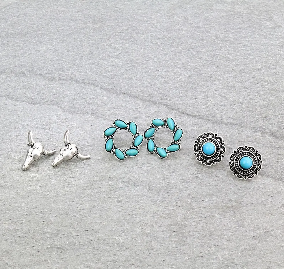 Cow Skull Concho Stud Earring Set - 3 pairs