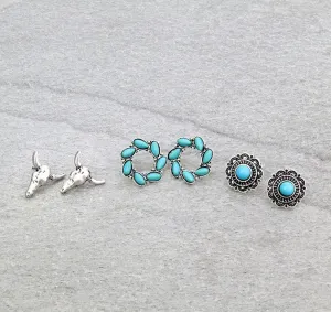 Cow Skull Concho Stud Earring Set - 3 pairs