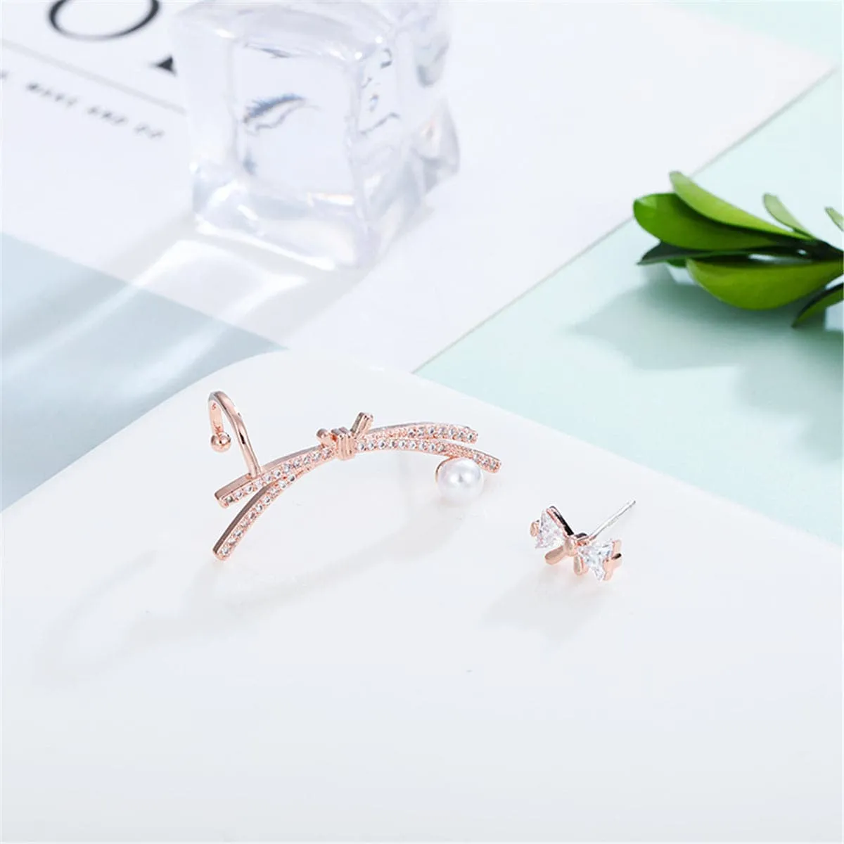 Cubic Zirconia & Pearl Ear Climber & Stud Earring