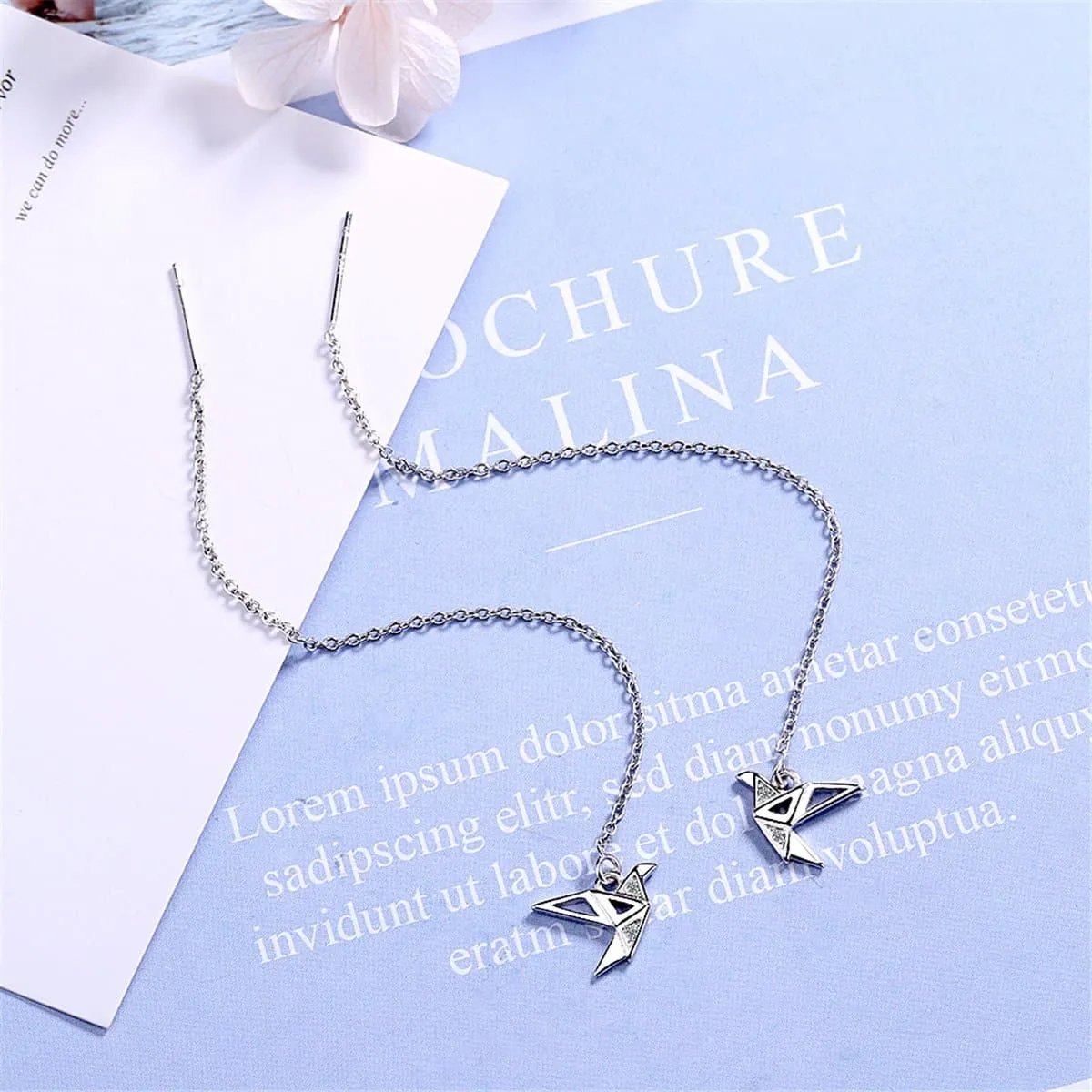 Cubic Zirconia & Silver-Plated Cranes Threader Earrings