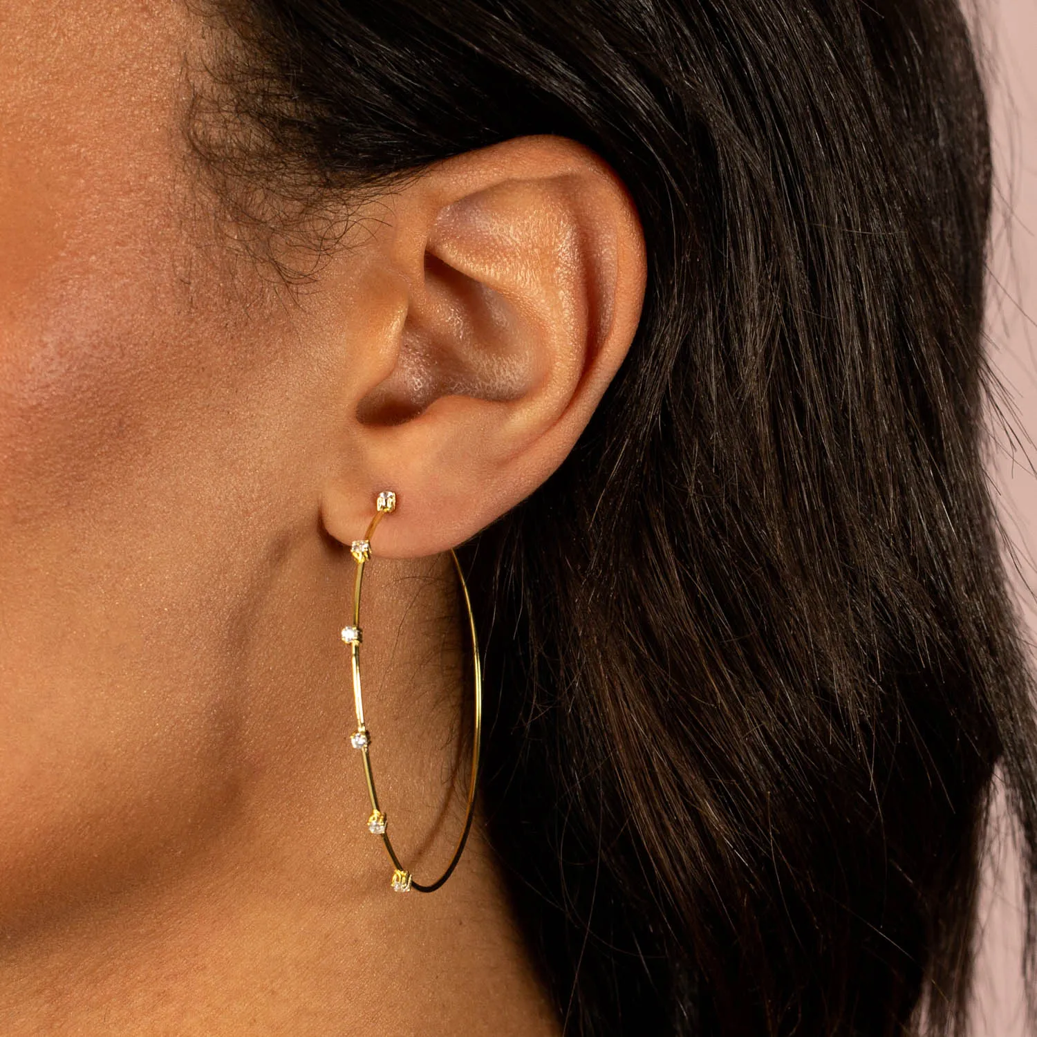 CZ Stationed Thin Hoop Earring