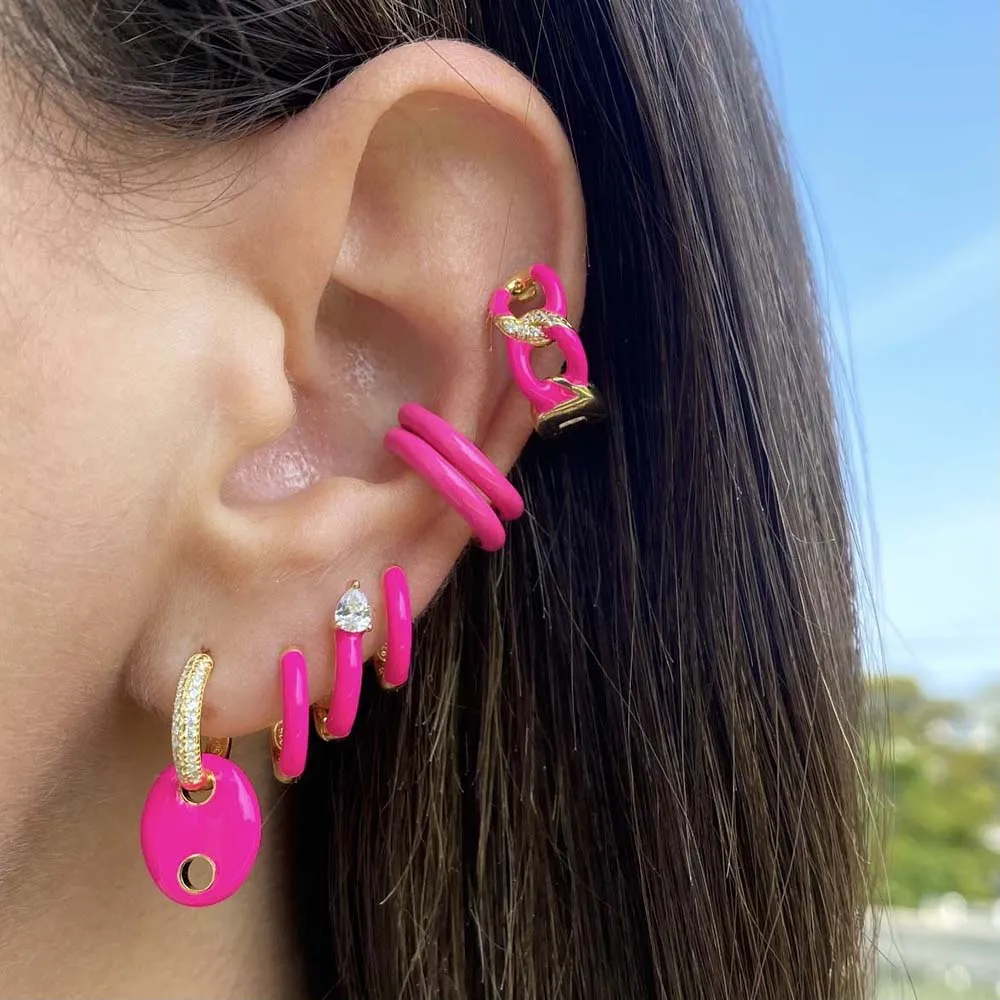 CZ Teardrop Enamel Huggie Earring