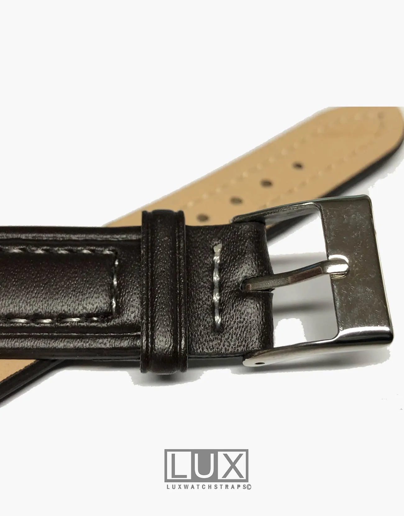 Dark Brown Smooth Oil Tanned Leather Extra Long Watch Strap Band W/White stitching