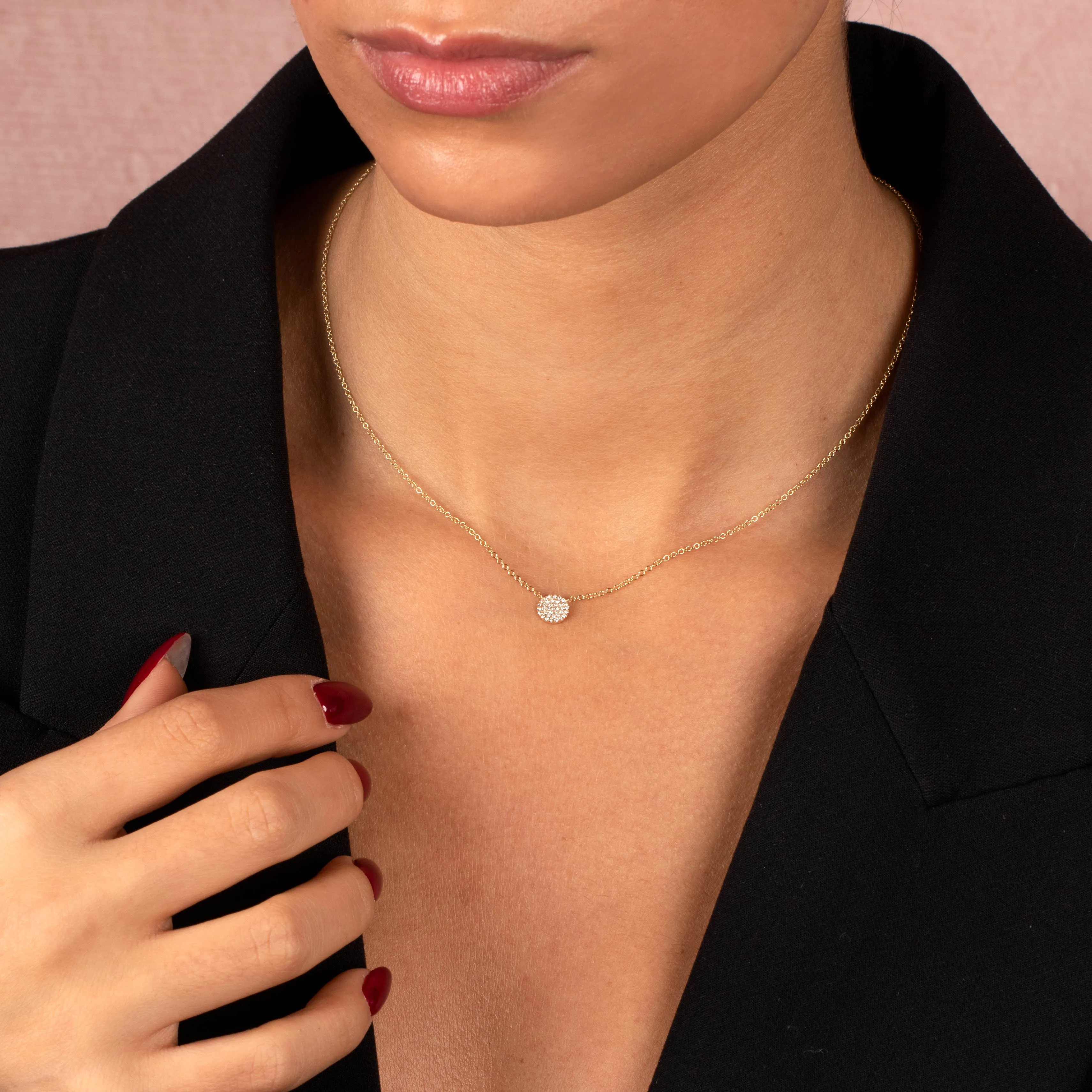 Diamond Pave Disc Pendant Necklace 14K
