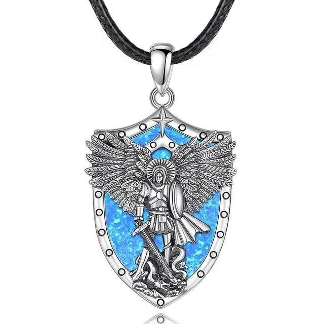 Divine Protection: Sterling Silver Archangel Michael Necklace with Abalone Shell & Malachite Amule