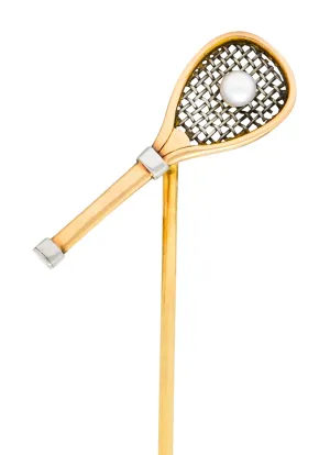 Edwardian Pearl Platinum-Topped 14 Karat Rose Gold Tennis Racket Stickpin
