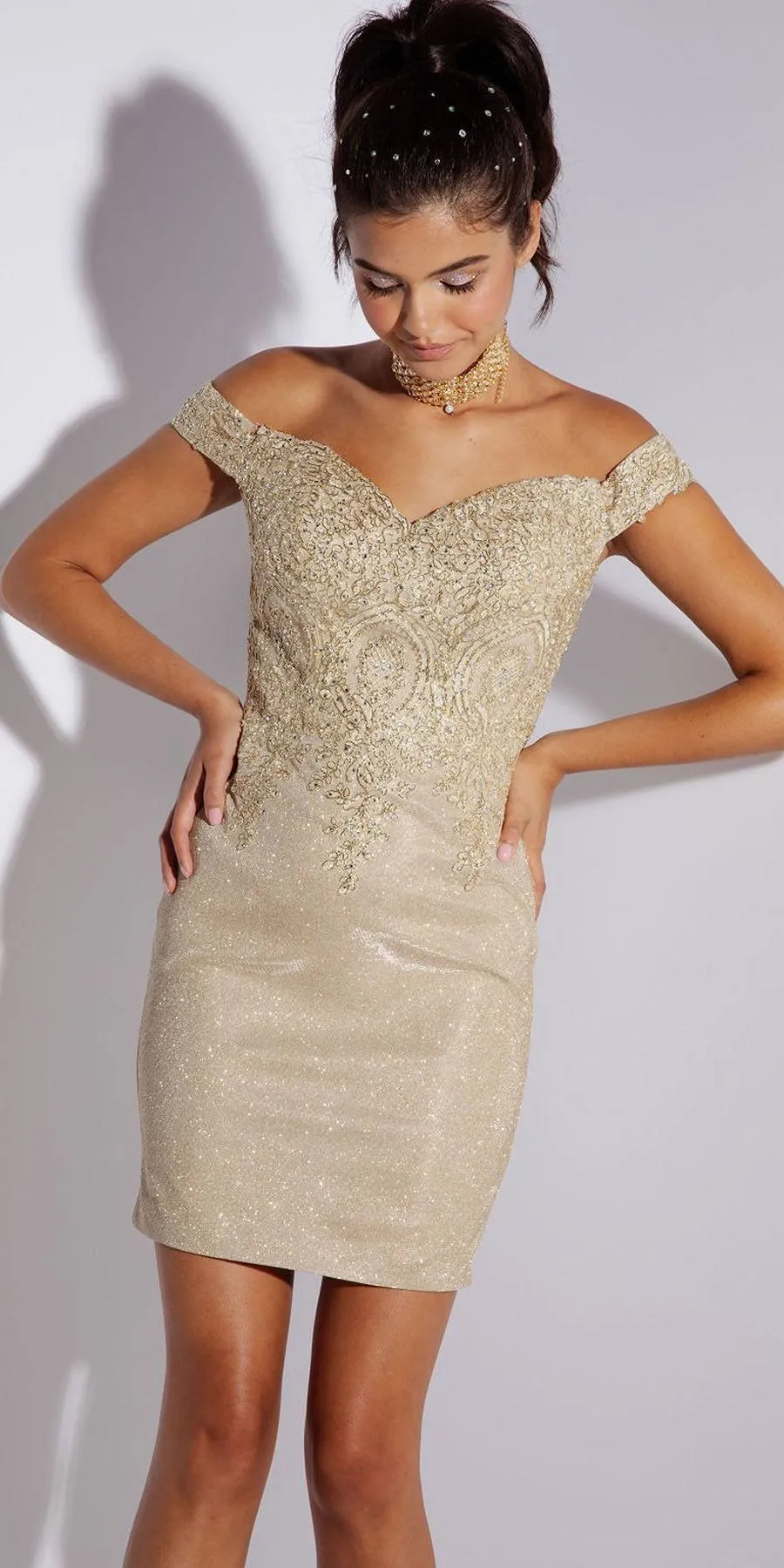 Eureka 9206 Short Glitter Jersey Cocktail Dress Off Shoulder