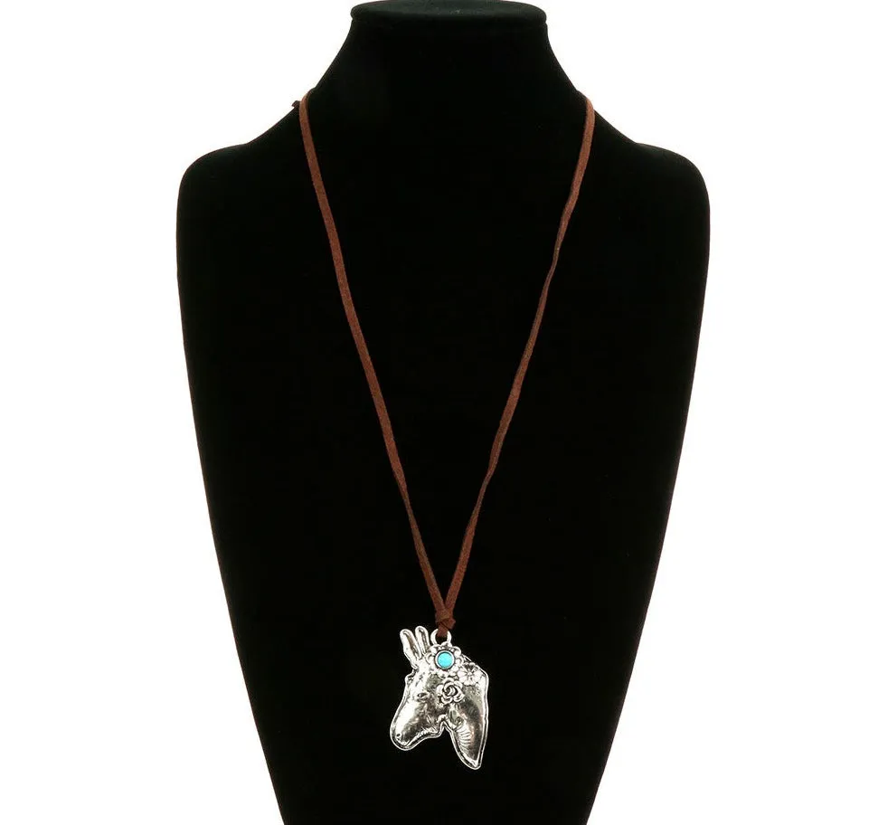 Fashion Donkey Head Pendant on Leather - Turquoise