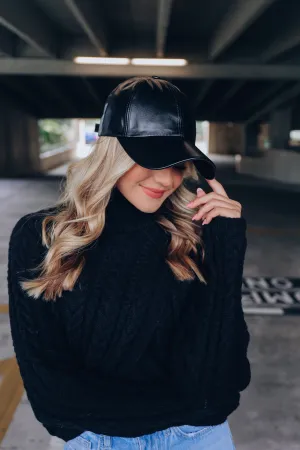 Fashion Faux Leather Baseball Cap - Black