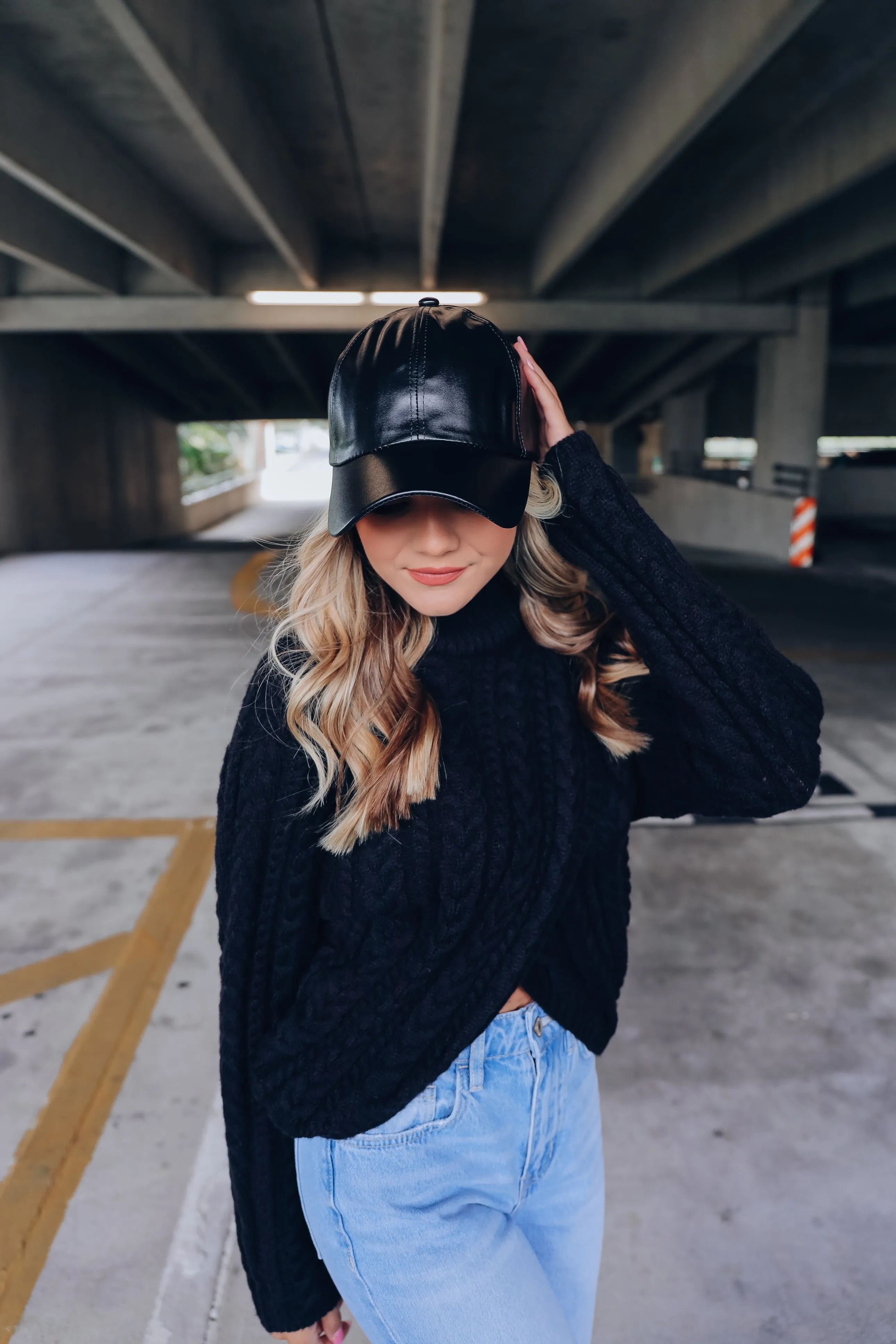 Fashion Faux Leather Baseball Cap - Black