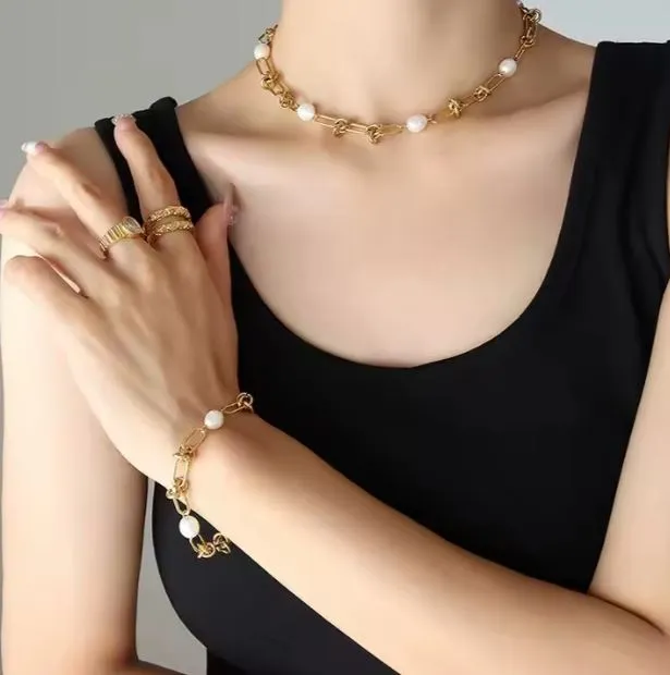 French Baroque-Style Electroplated Stainless Steel Pearl Bracelet